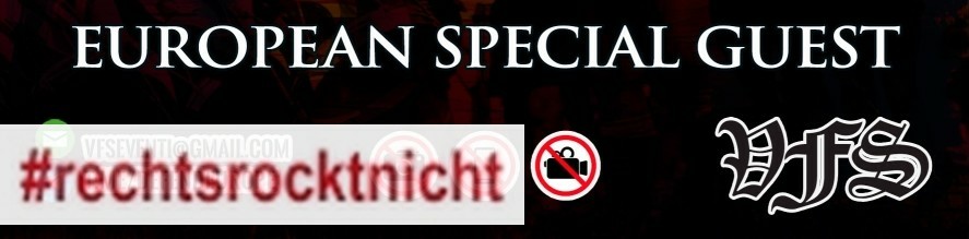 Screenshot Ausschnitt Sharepic RechtsRock-Festival. Weiße Schrift auf schwarzem Grund: European Special Guest sowie Logo VFS (Veneto Fronte Skinheads).