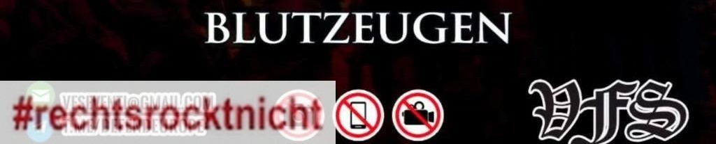 Screenshot Ausschnitt Sharepic RechtsRock-Festival. Weiße Schrift auf schwarzem Grund: BLUTZEUGEN sowie Logo VFS (Veneto Fronte Skinheads).