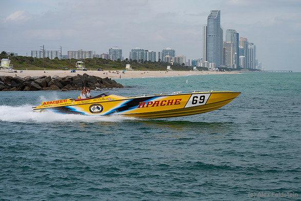 Fast boat coming out to sea
Buildings of Sunny Isles Beach, Florida in the background