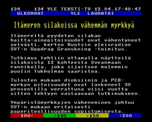 Yle Teksti-TV | Sivu 134.1

   ULKOMAAT        YLE  LAUANTAI
 
  Itämeren silakoissa vähemmän myrkkyä
 
 Itämereltä pyydetyn silakan
 haitta-ainepitoisuudet ovat vähentyneet
 selvästi, kertoo Ruotsin yleisradion
 SVT:n Uppdrag Granskning -toimitus.
 
 Tutkimus tehtiin ottamalla näytteitä
 silakoista 12 kohteesta Sveanmaan
 rannikolla, joka sijaitsee molemmin
 puolin Tukholman saaristoa.
 
 Tulosten mukaan dioksiinin ja PCB-
 myrkyn pitoisuudet ovat laskeneet 30
 prosentilla verrattuna viisi vuotta
 sitten tehtyyn vastaavaan tutkimukseen.
 
 Ympäristömyrkkyjen väheneminen johtuu
 SVT:n mukaan erityisesti
 paperiteollisuuden supistumisesta.