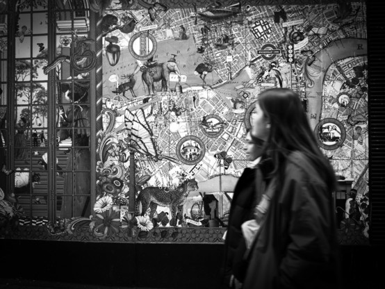 Black and white. A young woman, walking along Wardour Street in London's Chinatown with her female friend, looks up at an ornate and exotic poster of a symbolic map of central London. It features circles with ornate borders and drawings of places of interest inside them, a few flowers at the bottom left corner, other flowers including a carnivorous pitcher plant, butterflies of different sizes, a flying contraption carrying an elephant underneath, and various animals including a penguin with a hat and cane, a leopard, a stag, a large elephant wearing a bowler hat and with a badger on its back, an ostrich, two small monkey-like creatures on a branch, a snail, and two parakeets. To the left of the map is an ornate drawing of a tall window with a snake coiled on the right hand side, with a view through the window to what looks like a tall set of stairs with trees at the top. There is a tall cat in a Victorian dress near the window on the right, another cat on the left in a dress holding up a lit lantern, and another cat in the middle distance standing next to a man in a Victorian suit and hat. There are also butterflies on the near and far sides of the window.