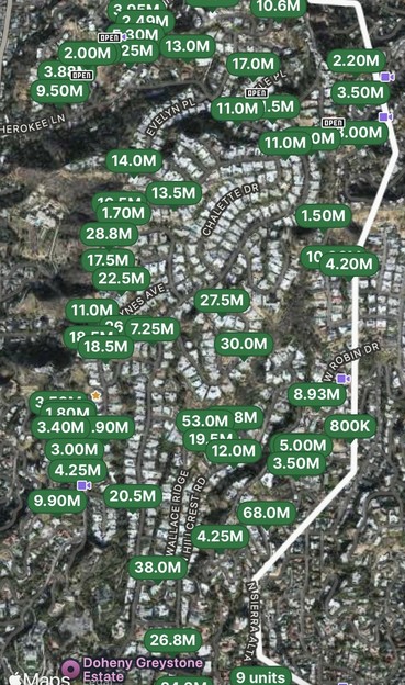 A Redfin map shows listings as high as $68 million. 