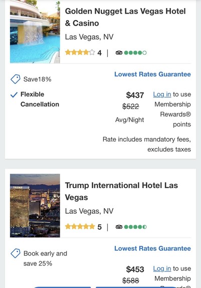 A hotel search for shows Trump beneath the Golden Nugget. 