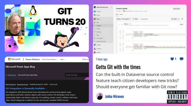 "Git turns 20!" - GitHub blog

"Git integration is Generally Available" - Microsoft Power Apps Blog

"Gotta Git with the times" - Perspectives on Power Platform newsletter