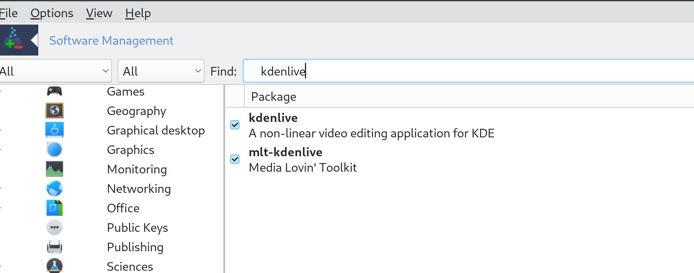 RPM manager showing kdenlive in repos