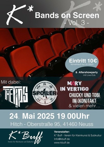 Veranstaltungsflyer des Bands on Screen Events des Kbuff Neuss Vereins. Neben roten Kinositzen sieht man Bandlogos und das Datum 24. Mai 2025, 19:00.