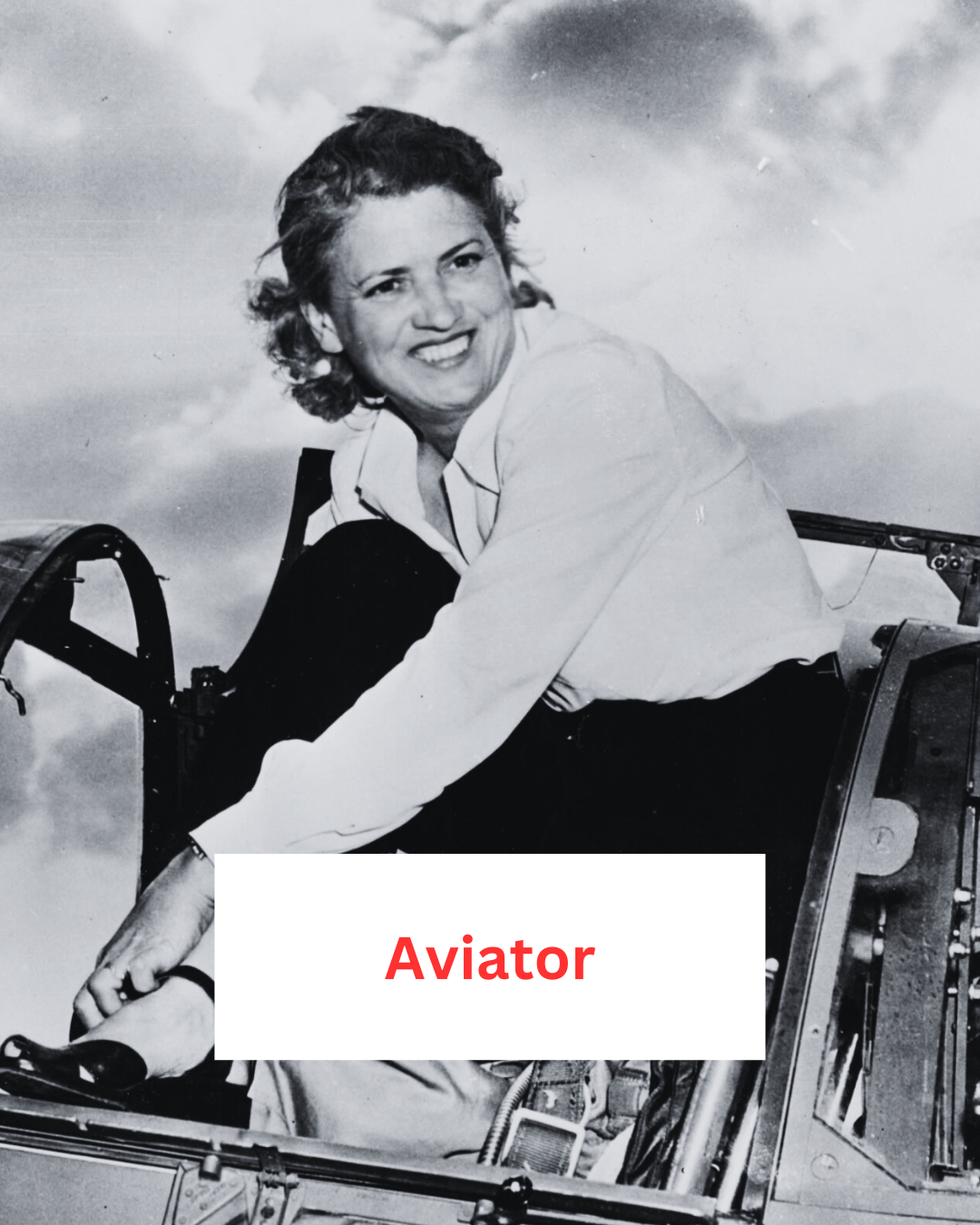 A white sitting on the edge of a jetplane's cockpit. She's wearing trousers, a blouse and shoes she probably didn't wear when flying. The red label reads 'aviator' A white sitting on the edge of a jetplane's cockpit. She's wearing trousers, a blouse and shoes she probably didn't wear when flying. The red label reads 'aviator'