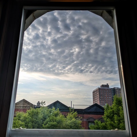 Looking through an arched window ninety minutes after sunrise the top half of the sky is full of lumpy grey clouds. The bottom half of the sky is light watery blue with streaks of white. Pointed roofs of Harlem brownstones with red brickwork are across the street, and a taller apartment building can be seen in the distance. The green tops of two trees are on the bottom and right.