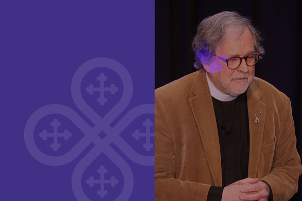 A purple graphic design next to a photo of a man in a clerical collar.