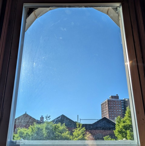 Looking through an arched window two hours after sunrise the sky is bright blue and cloudless. Pointed roofs of Harlem brownstones with red brickwork are across the street, and a taller apartment building can be seen in the distance. The green tops of two trees are on the bottom and right.