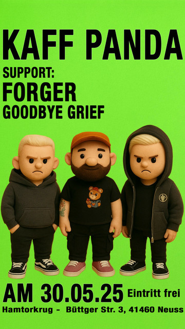 Konzertplakat der Band Kaff Panda. Auf hellgrünem Grund befinden sich drei als Comicfiguren stilisierte Musiker, grimmig guckend.
