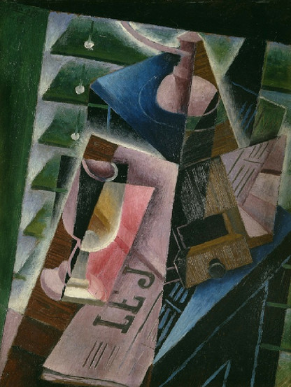 ### English:
An abstract Cubist-style painting featuring a complex arrangement of geometric shapes and vibrant colors. The artwork includes overlapping planes and angles, with a central pink and yellow form resembling a wine glass. The background consists of intersecting planes in green, brown, blue, and white tones, creating a sense of depth and movement.

### Chinese:
一幅抽象的立体主义风格的画作，以复杂的几何形状和鲜艳的色彩为特色。这幅艺术作品包含重叠的平面和角度，中央有一个粉红色和黄色的形状，类似于一个葡萄酒杯。背景由绿色、棕色、蓝色和白色相交的平面组成，营造出深度和动感。