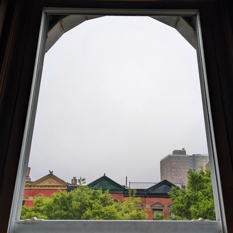 Looking through an arched window an hour after sunrise the sky is full of grey fog. Pointed roofs of Harlem brownstones with red brickwork are across the street, and a taller apartment building can be seen in the distance. The green tops of two trees are on the bottom and right.