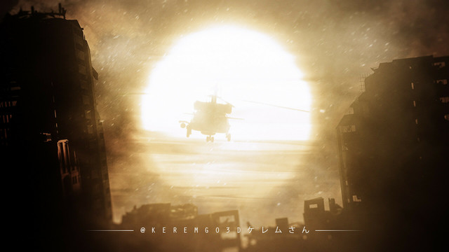 digital art of a helicopter flying to the sunset trough desolated buildings 