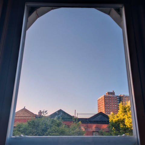 Looking through an arched window an hour after sunrise the sky is clear blue and cloudless. Pointed roofs of Harlem brownstones with red brickwork are across the street, and a taller apartment building can be seen in the distance. The green tops of two trees are on the bottom and right.