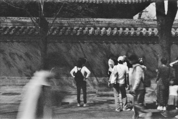 **English:**
A black and white photograph of a group of people standing in front of a traditional Chinese wall with decorative roof tiles. The wall features a series of small sculptures or carvings along the top. The people appear to be tourists, some of whom are taking photos or observing the wall. Trees are visible in the foreground and background, adding to the historical and cultural ambiance of the scene.

**Chinese:**
一张黑白照片，展示了一群人站在一面带有装饰性屋顶瓦片的中国传统墙前。墙的顶部沿线有一系列小雕塑或雕刻。这些人看起来像是游客，其中一些人正在拍照…