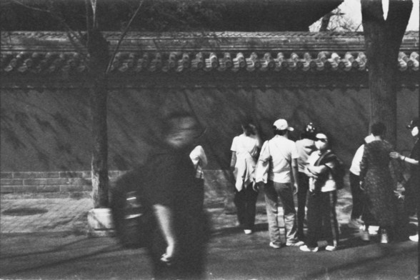 **English:**
A black and white photograph showing a group of people gathered in front of the same traditional Chinese wall with decorative roof tiles. The people are standing close together, possibly listening to a guide or discussing the site. The wall's intricate details and the small sculptures along the top are clearly visible. Trees frame the scene, enhancing the cultural and historical feel.

**Chinese:**
一张黑白照片，展示了一群人聚集在同一面带有装饰性屋顶瓦片的中国传统墙前。这些人站得很近，可能在听导游讲解或讨论这个景点。墙上的复杂细节和顶部沿线的小雕塑清晰可见。树木框…