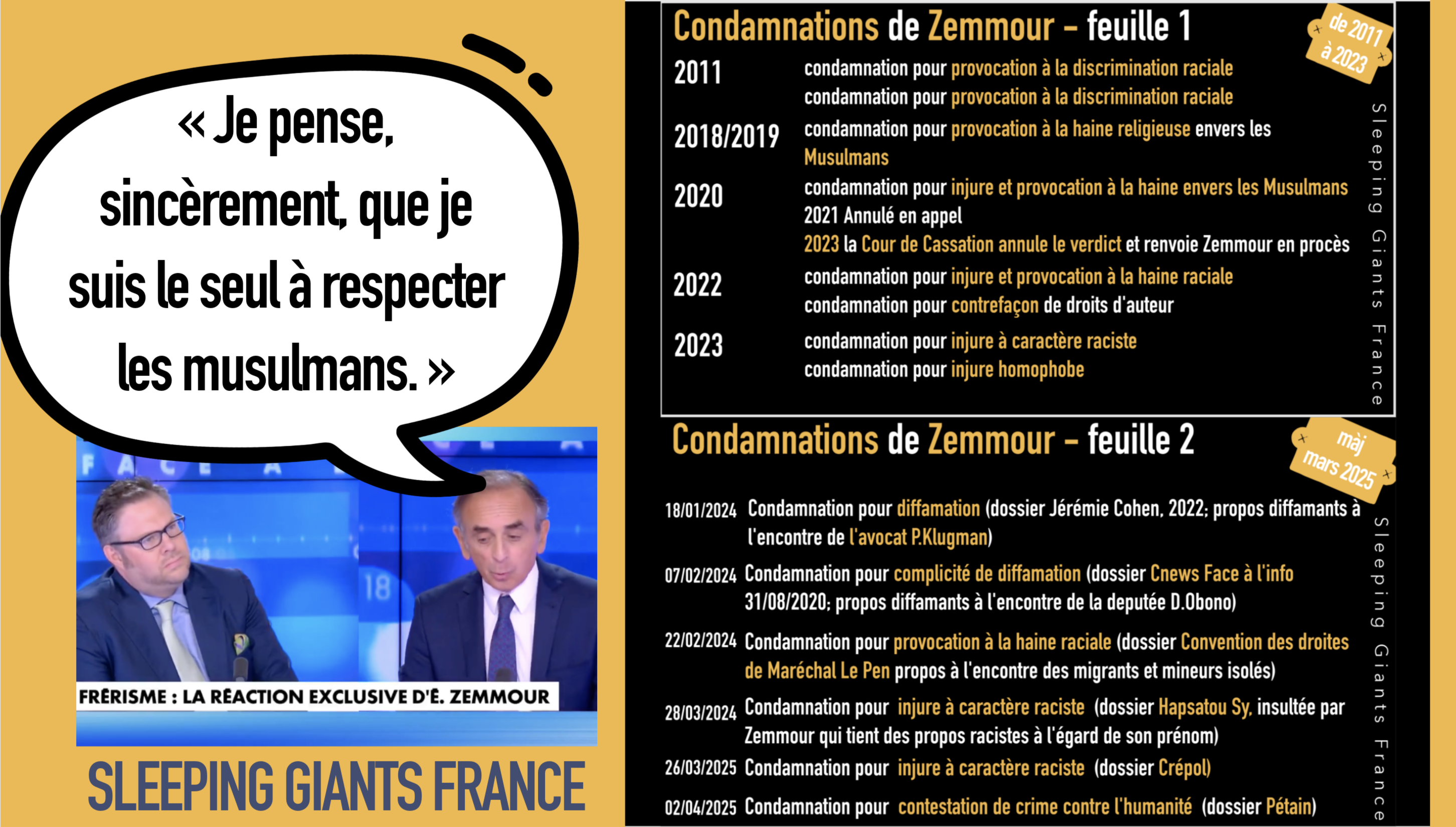 à gauche une capture d'écran d'une émission sur Cnews datant du 22 mai, Bock-Coté et Zemmour, Z dit "Je pense, sincèrement, que je suis le seul à respecter les musulmans&quot; à droite, la longue liste des condamnations pour discrimination <br />raciale, incitation à la haine religieuse, injure racist etc. de Zemmour