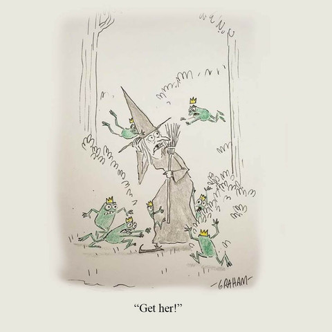 A cartoon illustration of a witch getting ambushed by a bunch of frogs wearing little crowns. Caption reads "Get her!"