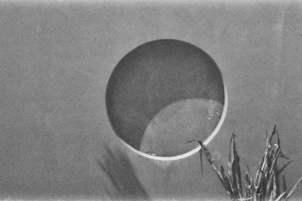 **English Alt Text:**
This image shows a close-up view of a circular hole in a wall. Through the hole, part of a person's face is visible, though the details are blurred and indistinct. The wall appears to be made of a smooth material, and there are some plants or grass visible at the bottom right corner of the image.

**Chinese Alt Text:**
这张图片展示了墙上一个圆形孔洞的特写视图。通过这个孔洞，可以看到部分人的脸，尽管细节模糊不清。墙壁看起来由光滑的材料制成，图片右下角还可以看到一些植物或草。