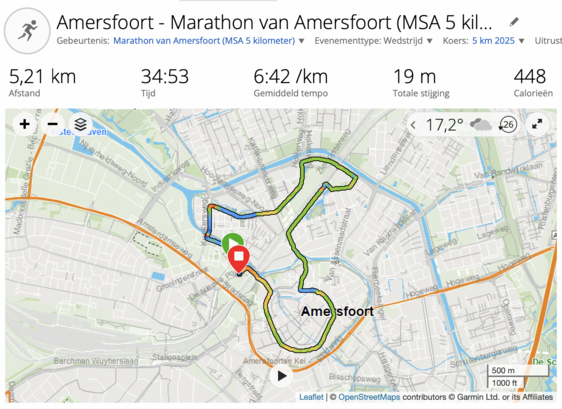 routekaartje 5 kilometer hardlopen in Amersfoort
