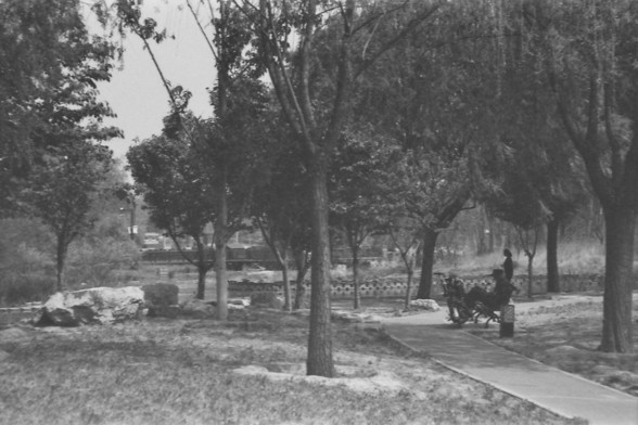 Ilford FP4@ ISO 100

**English:**
A black and white photograph of a park scene with several trees and a paved pathway. People are sitting on a bench along the pathway, enjoying the serene environment. The park appears to be well-maintained with grass and additional greenery.

**Chinese:**
一张黑白照片，展示了一个公园场景，有几棵树和一条铺砌的小径。人们坐在小径旁的长椅上，享受宁静的环境。公园看起来维护得很好，有草地和额外的绿化。