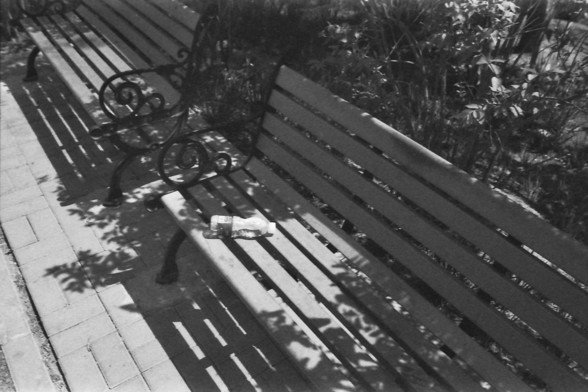 Ilford FP4 @ ISO 80

**English:**
A black and white photograph of a wooden bench with ornate metal armrests situated on a paved walkway. The bench is empty except for a discarded plastic bottle lying on it. The background shows some greenery and plants, suggesting the bench is located in a park or garden.

**Chinese:**
一张黑白照片，展示了一条铺砌的步道上放着一张带有精美金属扶手的木制长椅。长椅上空无一人，只有一个被丢弃的塑料瓶躺在上面。背景中有一些绿色植物，表明长椅位于公园或花园中。