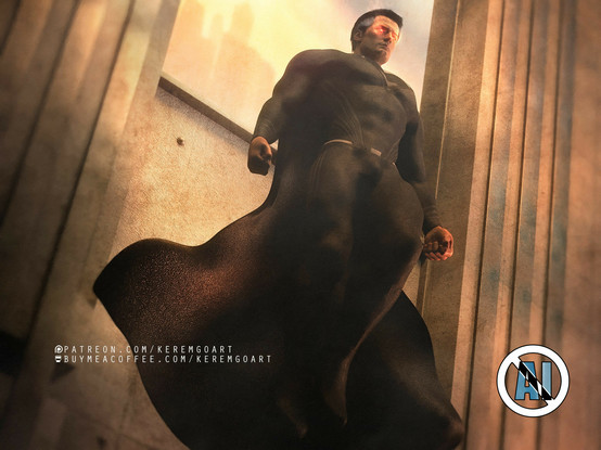 Digital fan art portrait of Superman wearing his black suit, hovering by the side of a building rendered with a lower camera angle. Tone and concept inspired by Zack Snyder's Justice League
