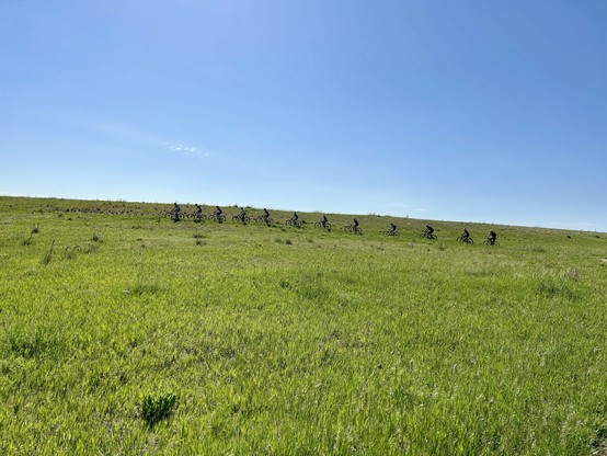 A line of cyclists riding along a grassy field under a clear blue sky.