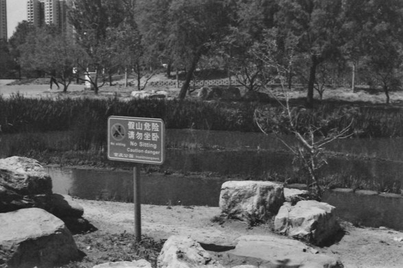 Ilford FP4 @ ISO 64

**English:**
This black and white photograph shows a warning sign in a park. The sign, written in both Chinese and English, reads "No Sitting, Caution Danger." The sign is placed near a water body, with rocks and trees in the background. The area appears to be a natural setting within an urban environment, as suggested by the buildings visible in the distance.

**Chinese:**
这张黑白照片展示了公园里的一块警示牌。警示牌上用中文和英文写着“禁止坐卧，危险警告”。警示牌位于水域附近，背景中有岩石和树木。从远处可见的建筑物来看，该地区似乎是城市环境中的一个自然区域。