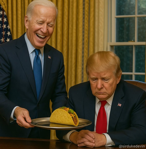 Meme. In the Oval Office, Joe Biden is standing with a shit-eating grin on his face, proffering a silver tray with a single taco on it to a seated Trump who is scowling and looking very pained, his tiny hands together.
