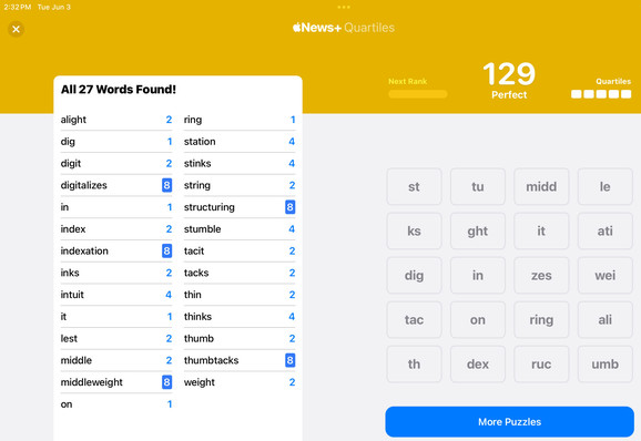 Screenshot showing all the words for today’s (6/3/25) Quartiles puzzle. 