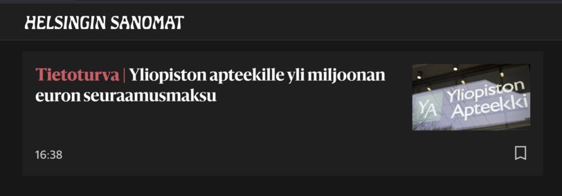 Yliopiston apteekille yli miljoonan euron seuraamus­maksu

HS 2025-0604 