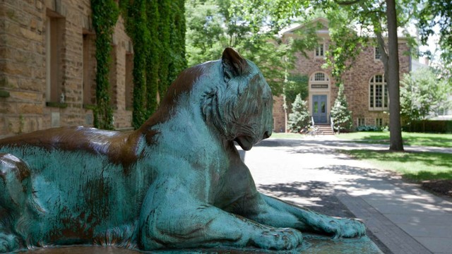 A bronze lion with green verdigris on a college campus. 