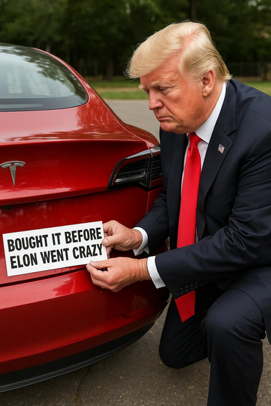 Trump plakt achter op zijn Tesla een sticker met de tekst "bought it before Elon went crazy"