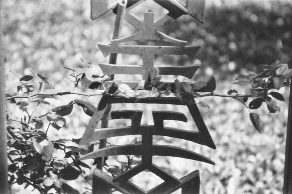 Ilford FP4 @ ISO 64

**English:**
A close-up black and white photograph of a decorative metal fence. The fence features a design with geometric shapes and possibly some Asian characters. The fence is partially covered with climbing plants and leaves, adding a natural element to the man-made structure.

**Chinese:**
一张黑白照片，特写展示了一扇装饰性金属栅栏。栅栏上有几何图形设计，可能还有一些亚洲文字。栅栏部分被攀援植物和树叶覆盖，为人造结构增添了自然元素。
