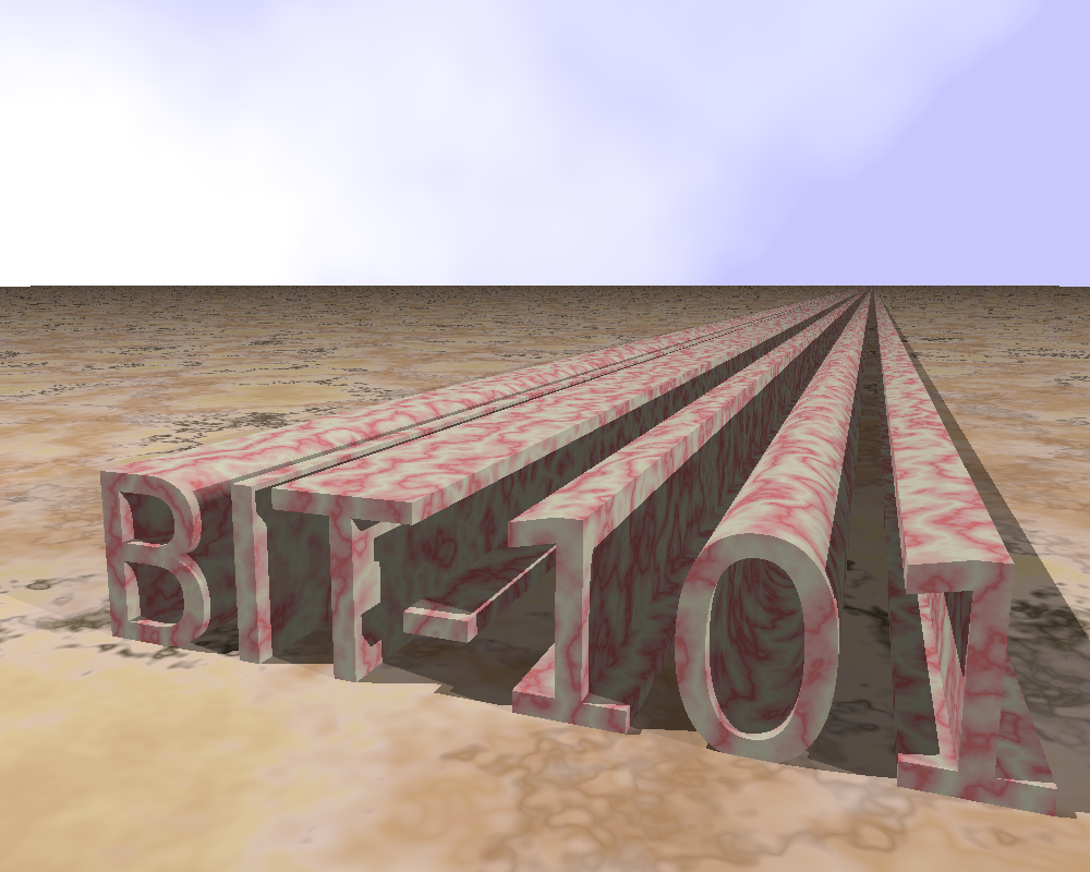 3d scene. the word "BIT-101" rendered in red marble on a desert floor, extruded into infinity.