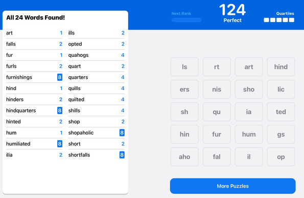 Screen shot of the Apple News Quartiles puzzle showing all the words.