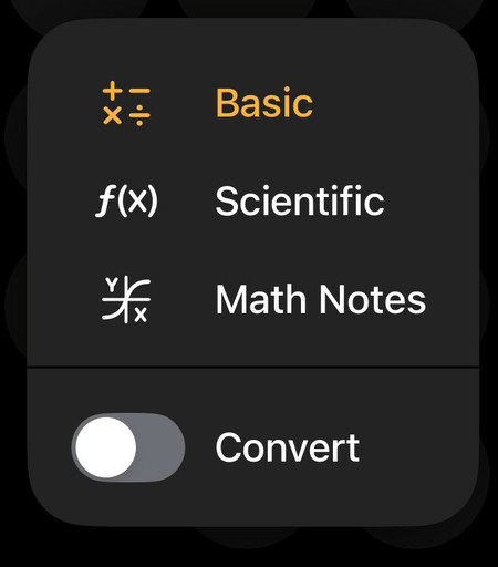 Calculator pop-up menu.