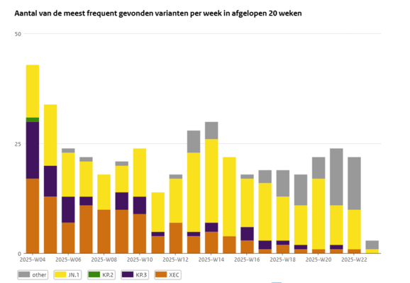 Grafiek van de variantenanalyse, met in de legenda slechts JN.1, KP.2, KP.3, XEC en 'other' (in grijs). De meest recente weken bestaan bijna uisluitend uit 'other'. 