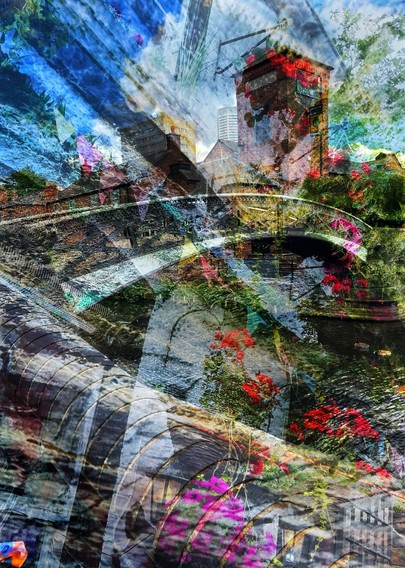 Shocks of red and pink flowers, the soft curve of a black and white painted bridge arcs from left to right over olive blue  canal water. High-rise buildings in background.  Distrusted by a canal bridge overlay to produce a more abstract effect.