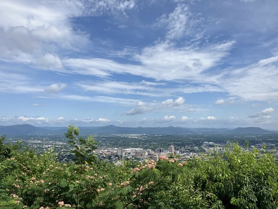 The view from the observation deck at the top of Mill Mountain. Roanoke sits below in the bowl of the valley. 