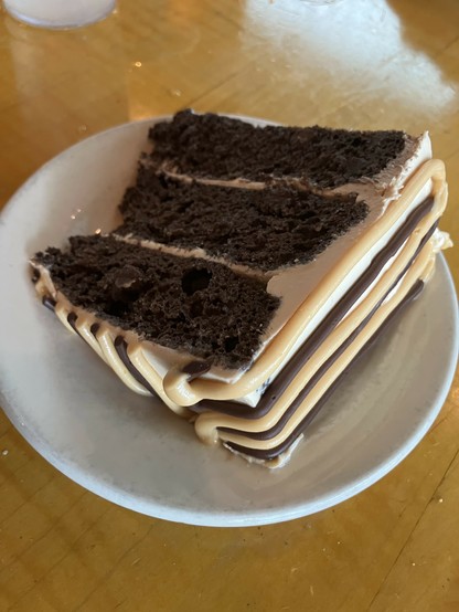 A slice of layered chocolate cake on a white plate. The cake features three chocolate layers separated by frosting and decorative icing in caramel and chocolate colors. The plate is resting on a wooden table.