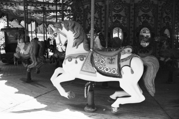 **English:**
This black and white photograph captures a close-up view of a carousel horse. The horse is intricately designed with detailed saddle and bridle decorations. The background shows other carousel animals and ornate details of the carousel structure, including mirrors and decorative panels. The image evokes a sense of nostalgia and the timeless charm of a classic amusement park ride.

**Chinese:**
这张黑白照片近距离拍摄了一匹旋转木马上的马。这匹马设计精美，马鞍和马具装饰细节丰富。背景展示了其他旋转木马动物和旋转木马结构的装饰细节，包括镜子和装饰面板。这幅图片唤起了一种怀旧…
