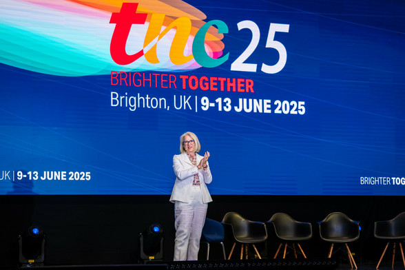 GÉANT CEO Lise Fuhr on stage at the closing plenary of TNC25 in Brighton