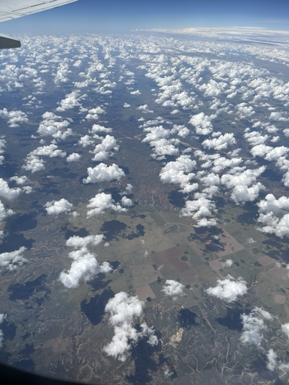 Photo taken from a jetliner of lines of small puffy clouds..either altocumulus or strato cumulus