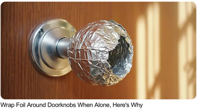 Image of a doorknob wrapped in foil. 
“Wrap foil around doorknobs when alone. Here’s why.”