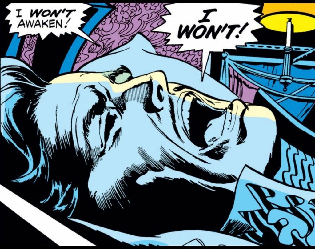 Close-up of the head and neck of Doctor Strange lying in the dark, his head on a pillow as he shouts, “I WON’T awaken! I WON’T!”
