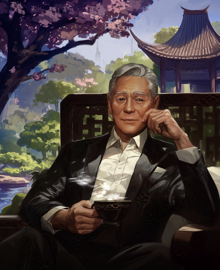 Image by Mariam Kalandarishvili.

Yiu Quon relaxes in his garden of reflection in front of a pagoda. The garden is a vibrant mix of greens and pinks with a stream bubbling through the middle. Hard to image this exists at the apex of a starscraper.

Quon is getting older and, as he likes to view it, wiser. His face expresses his calm demeanour and quiet dignity, but his eyes reflect a more analytical, perhaps even coldly rational aspect of himself.