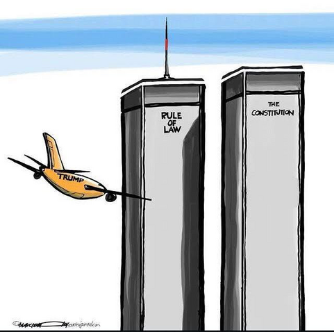 A jet labeled Trump is flying toward twin towers labeled Rule of Law, and Constitution.